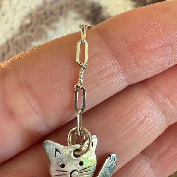 Vintage Silver Tone Cats Hearts Charm Necklace Brass Hearts Lightweight Artisan - Picture 12 of 15